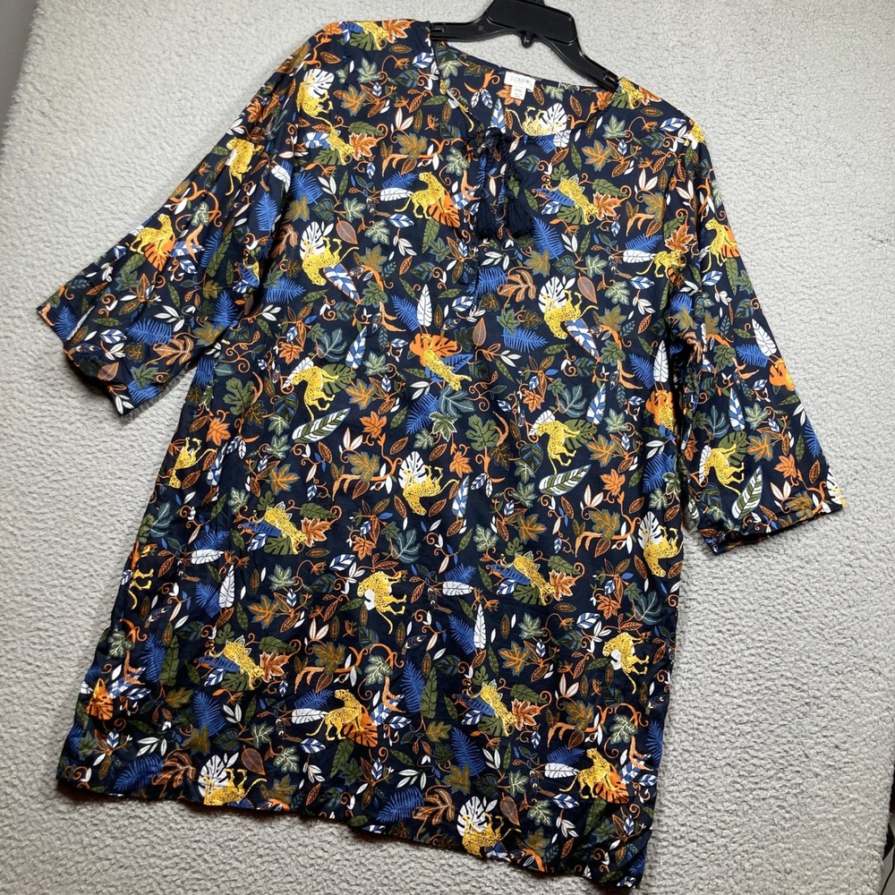 J.Crew Shift Dress Womens XXL Navy Blue Leopard Jungle Print Tassel Cotton AP274